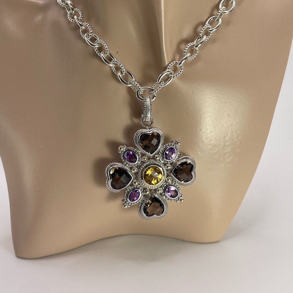 Judith Ripka Yellow, Purple & Brown Gemstones .925 Sterling pendant and chain.